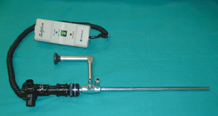 The special surgical laparoscope type Storz is connected with the coupler and the SweftLase. The arm of the laser CO2 unit will be connected to the SwiftLase (EUGONIA archive).